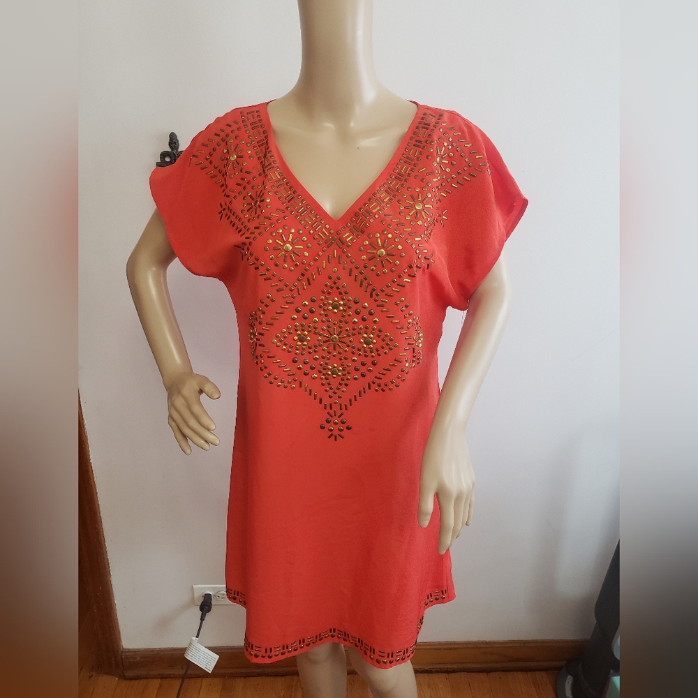 Diane Gilman DG2 Womens Mixed Metal Embellished Red Shift Mini Dress~ Size Small